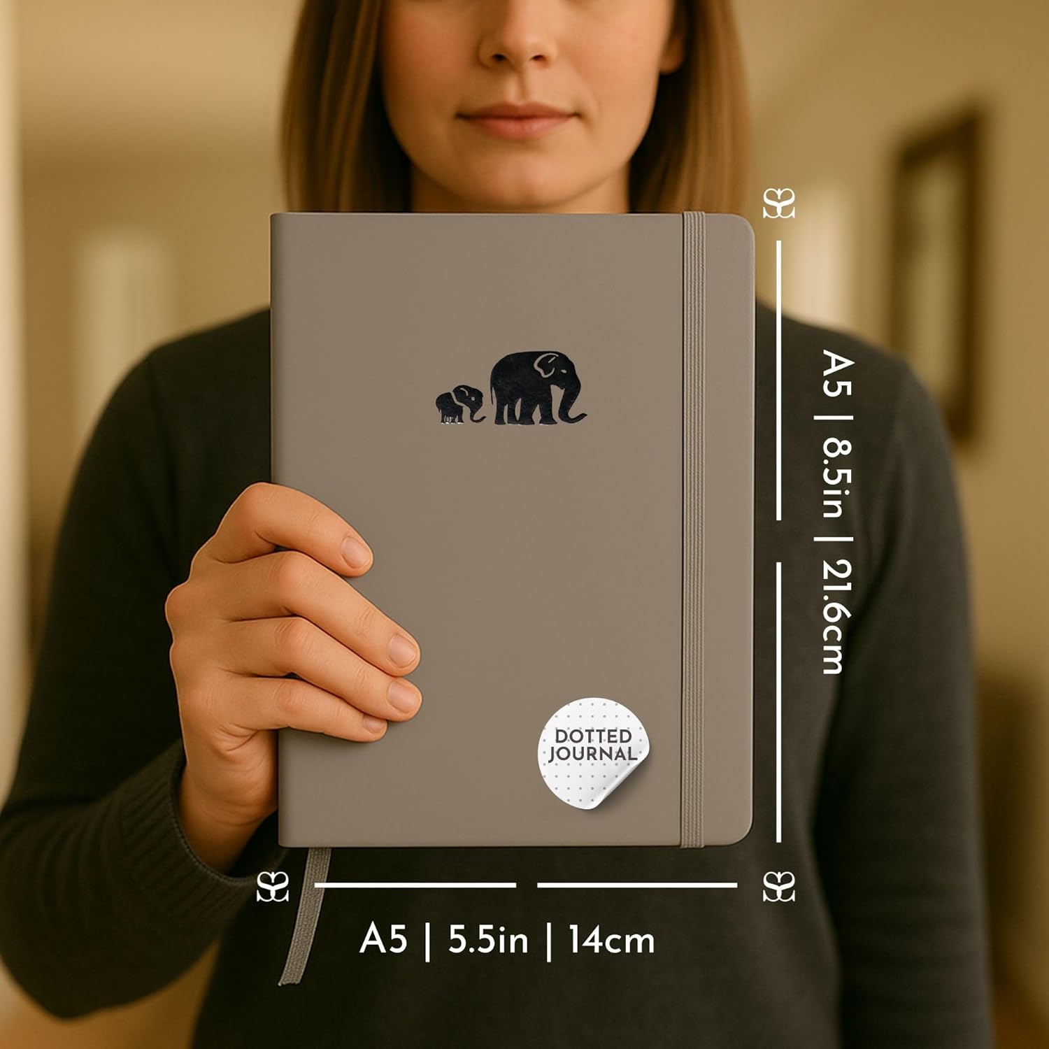 SETTINI Dotted Journal, Ideal for Bullet Journaling - A5 Vegan Leather Notebook, 192 Archival-Quality Pages, QuillEase Bleed-Free Paper, Inner Pocket & Bookmark - Elephant Gifts, Grey Elephants - Image 2