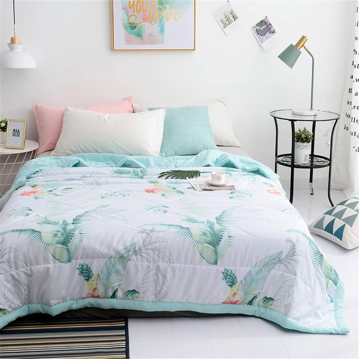 Jeté de lit réversible plantes tropicales couvre-lit matelassé doux 180x200cm