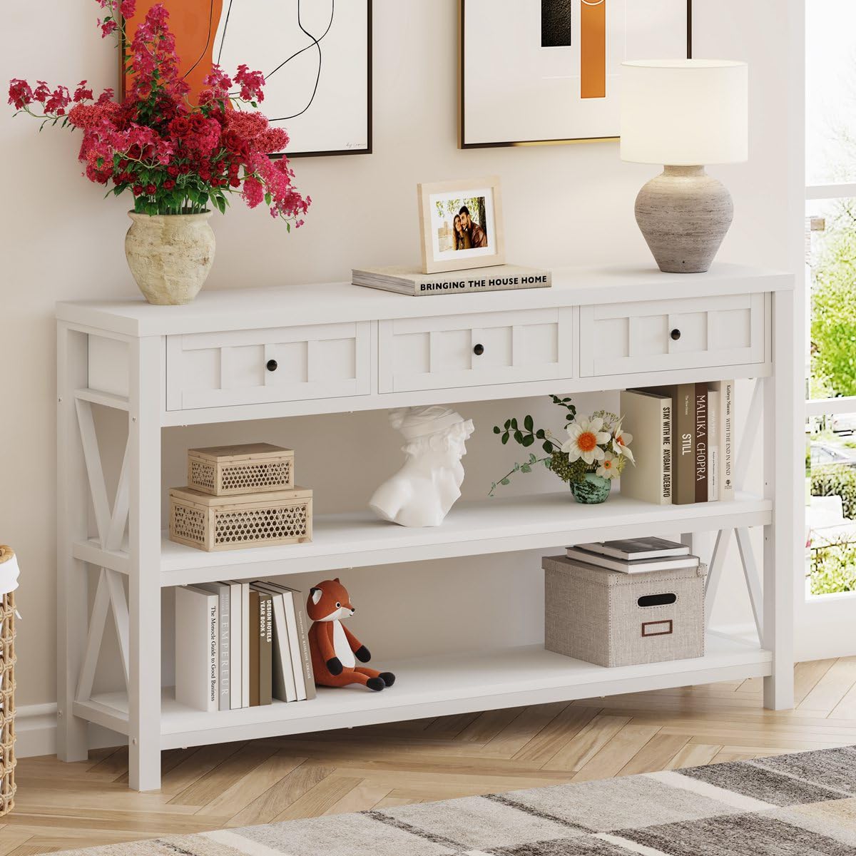 Mesa consola para entrada, mesa de sofá de madera y metal con 3 cajones para sala de estar, mesas de pasillo de granja y mesas de sofá modernas detrás del sofá (54.72 pulgadas de largo, roble 8