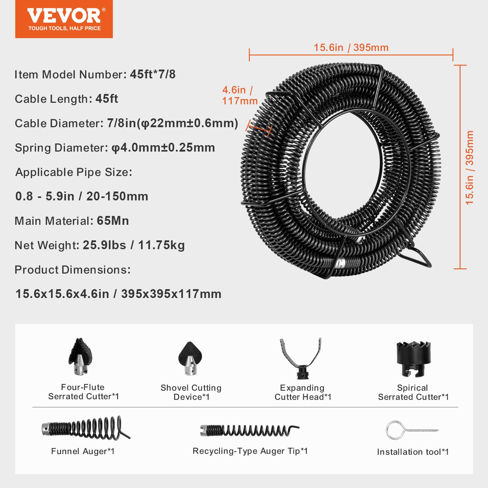 VEVOR Spirala do czyszczenia rur 14 m x 22 mm, profesjonalny kabel do czyszczenia rur z 6 nożami do rur od 20 do 150 mm, spirala kanalizacyjna do zlewu, odpływu podłogowego, toalety