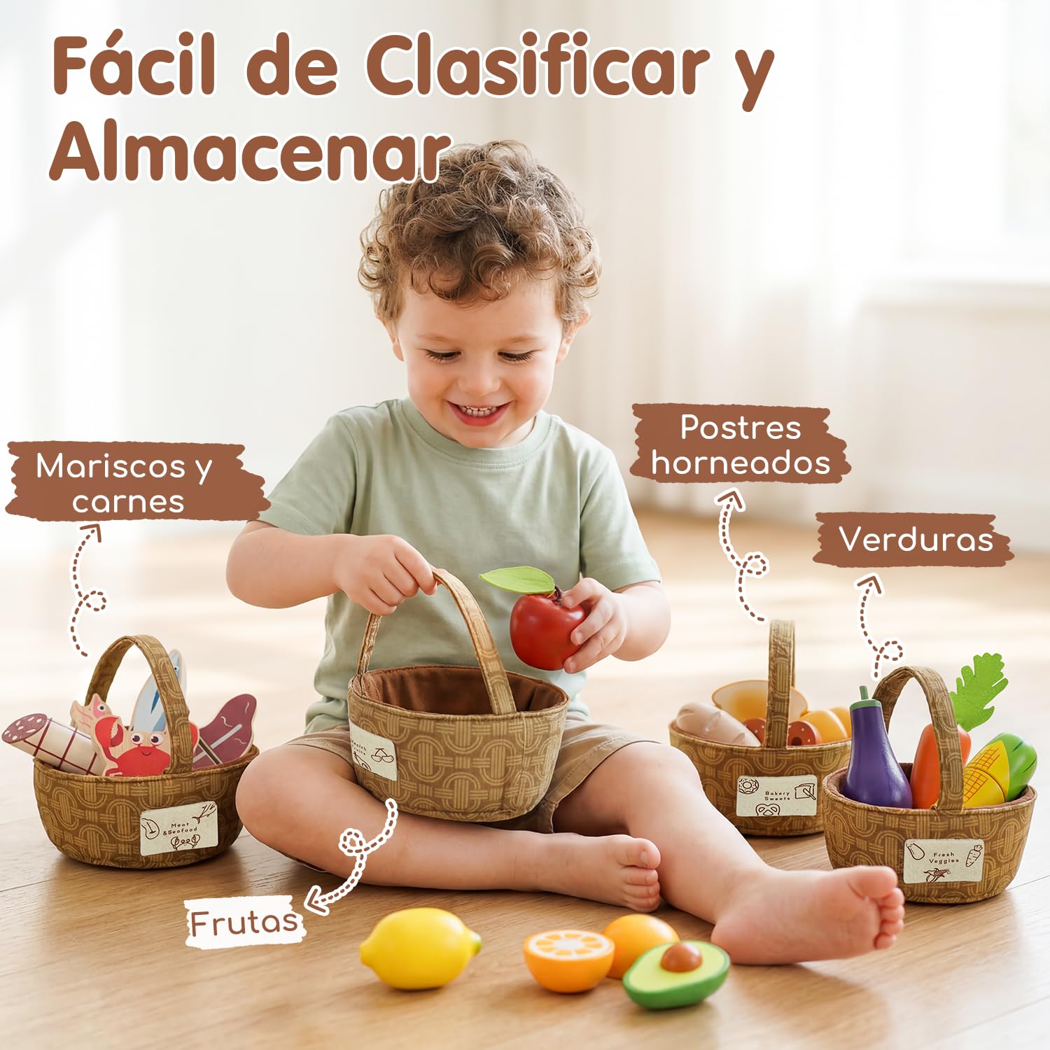 Lehoo Castle Juguetes de Madera, Comida Juguete, Comida Juguete Cocinita con Cuatro Cestas de Tela, Accesorios Cocina Juguetes, Utensilios Cocina Juguete para Niñas 3 4 5 6 7 Años