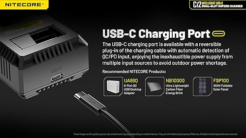 Miniatura 5 de Nitecore Ci2 - Cargador de batería universal de 2 bahías compatible con 16340 14500 18650 21700 iones de litio AA AAA Ni-MH Ni-CD, USB-C QC PD con
