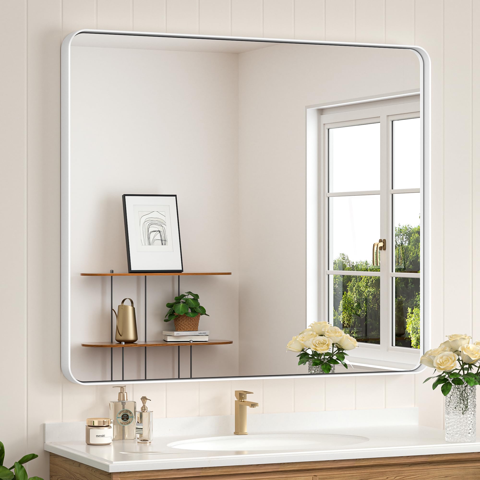 Keonjinn White Bathroom Vanity Mirror - 42 x 36 Inch Rounded Rectangular Wall Mirror, Farmhouse Design with Seamless Metal Frame, HD Tempered Glass, Modern Decorative Mirror (Horizontal/Vertical)