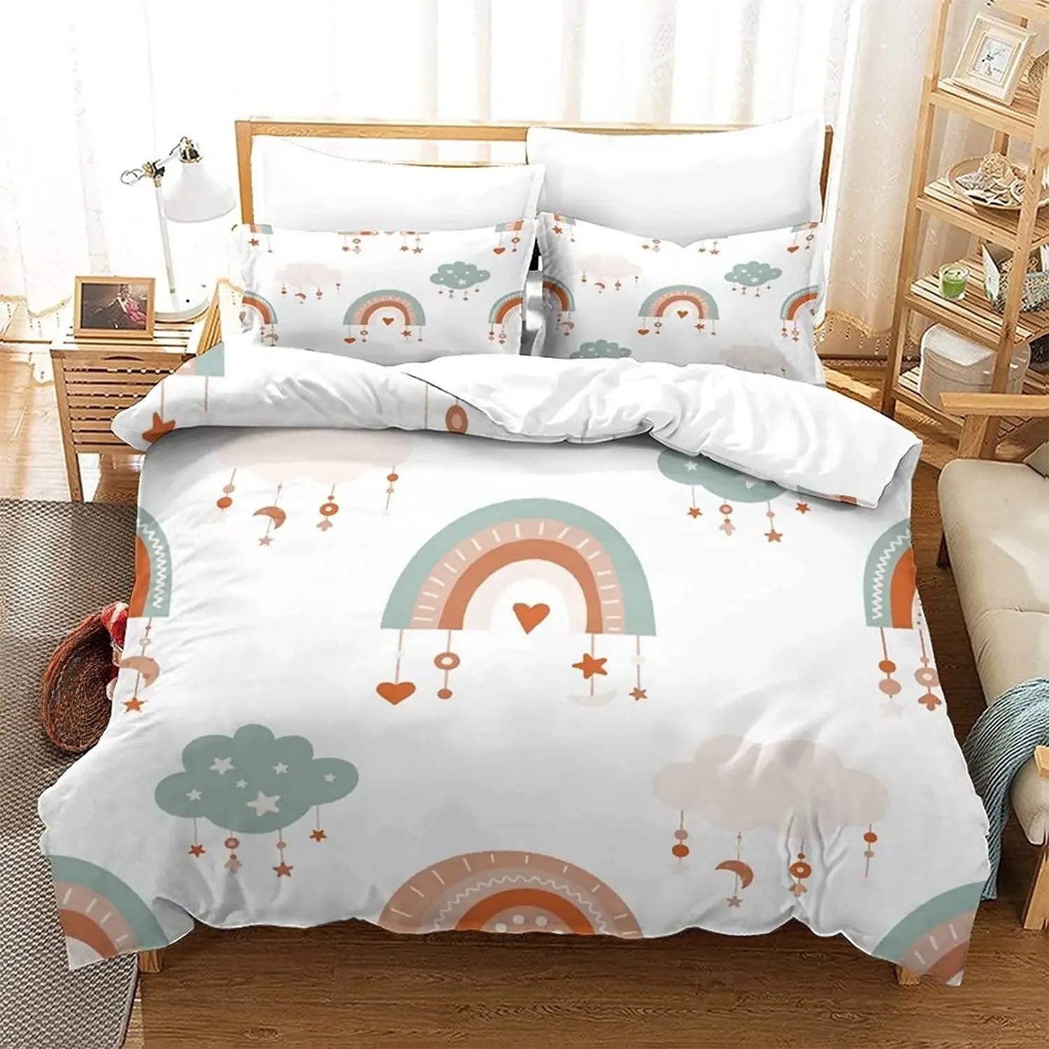Housse de couette orange avec motif cœur imprimé arc-en-ciel hypoallergénique