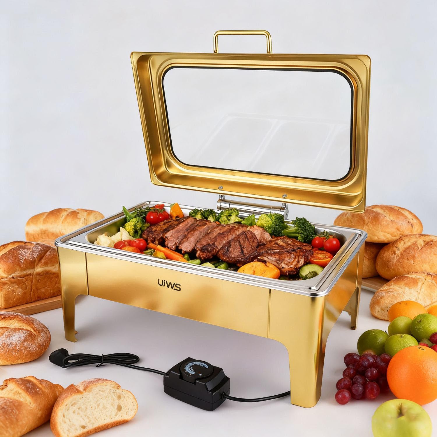 Juego de platos para rozaduras de buffet, calentadores de alimentos con diseño de borde enrollado para fiestas, bandejas de servir de acero inoxidable