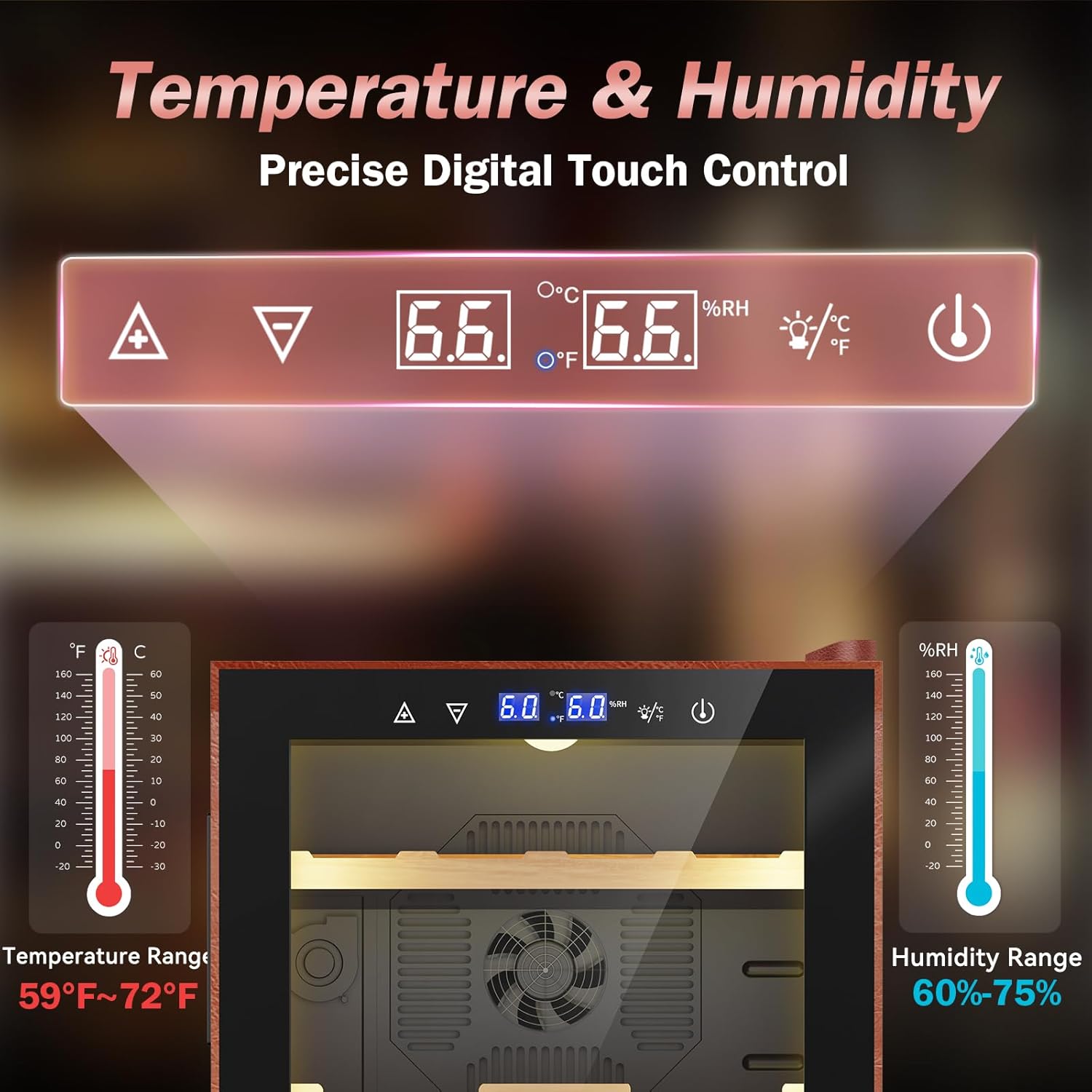 Electric Humidor with Leather-50L Cooling & Heating Humidor, Smart Touch Control Humidity & Temp, Humidors wtih Spanish Cedar Wood Tray, Digital Display, Safety Lock, Desktop Gift for Men