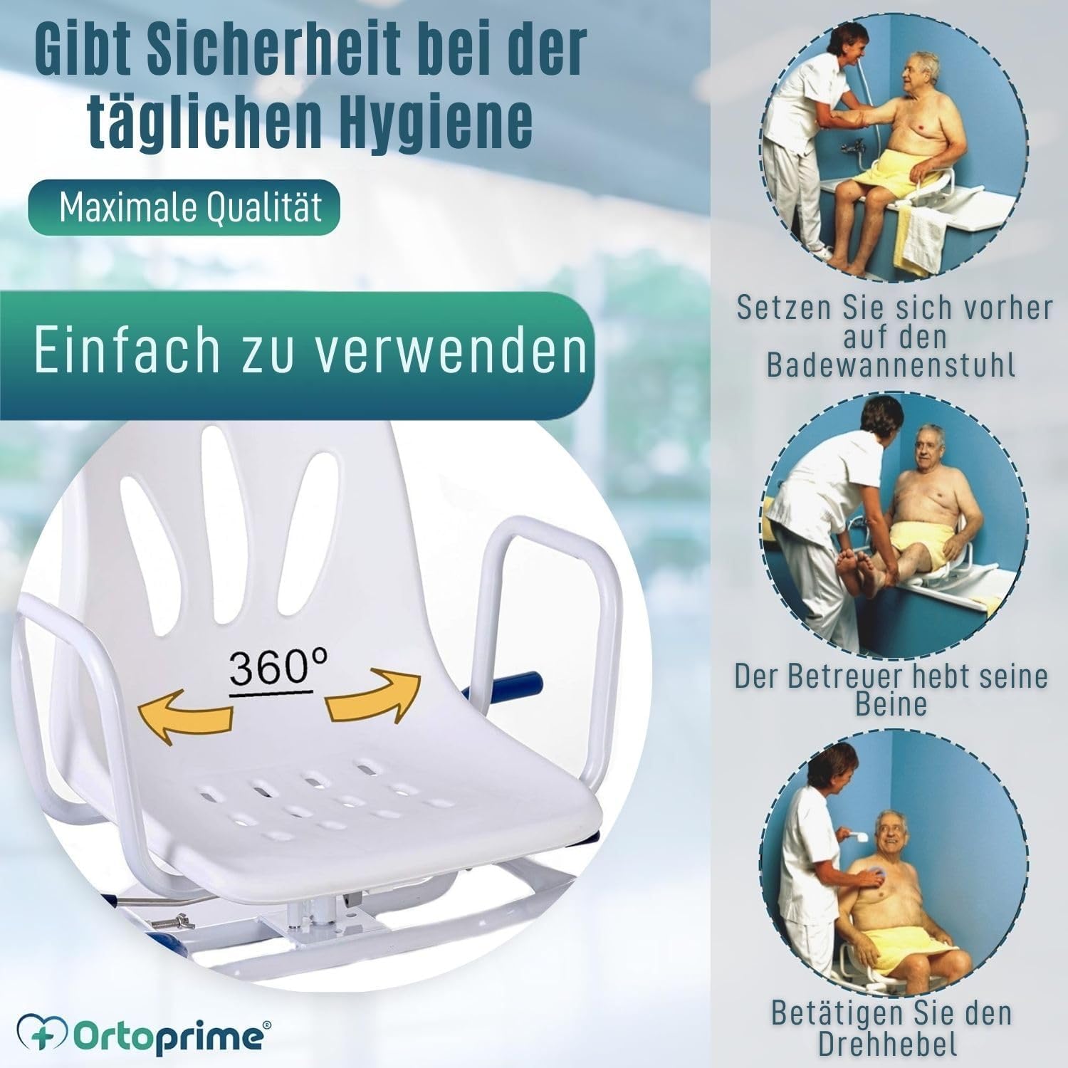 OrtoPrime Badewannensitz Senioren Badewannensitz Drehbar 360º - Sessel für Senioren mit einfachem Zugang - Antirutsch Badewannenstuhl für Erwachsene Badewannendrehsitz - badewannenstuhl Erwachsene