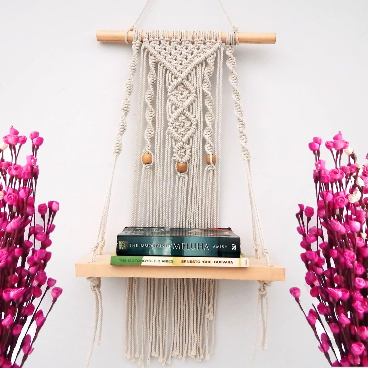 ecofynd 12 inches Cotton Wall Hanging Wooden Shelf, Bohemian Boho Nordic Style for Home Decor, Floating Rack for Bedroom Living Room (SH026)