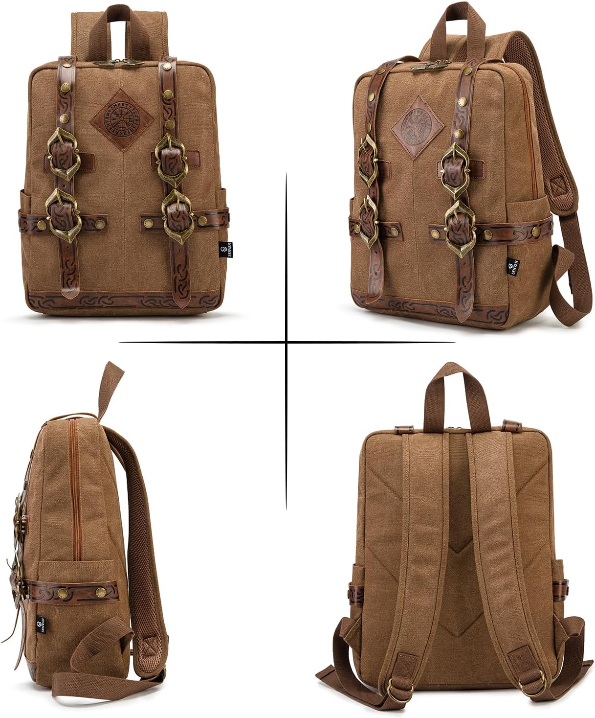 SV SENVAN Viking Steampunk Leather Backpack – Medieval LARP Renaissance Bag with Metal Accents, Brown Embossed Canvas for Outdoor Travel & Cosplay