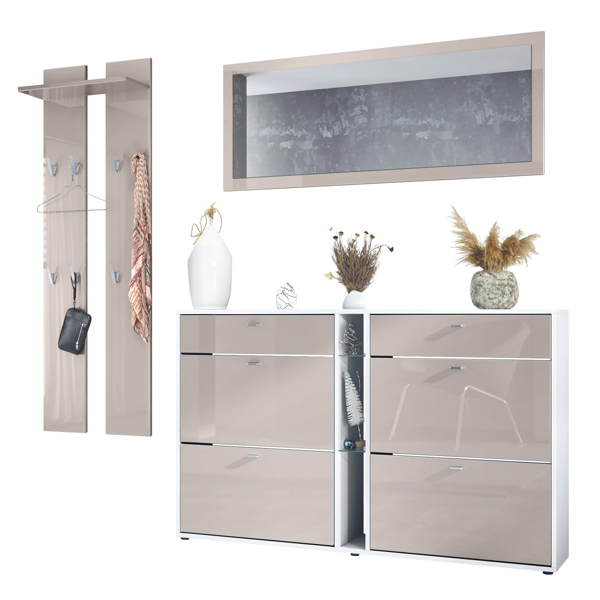 Vladon Set Guardaroba Orlando con scarpiera, Pannello a Muro e Specchio a Parete, Bianco Opaco/Grigio Sabbia Lucido
