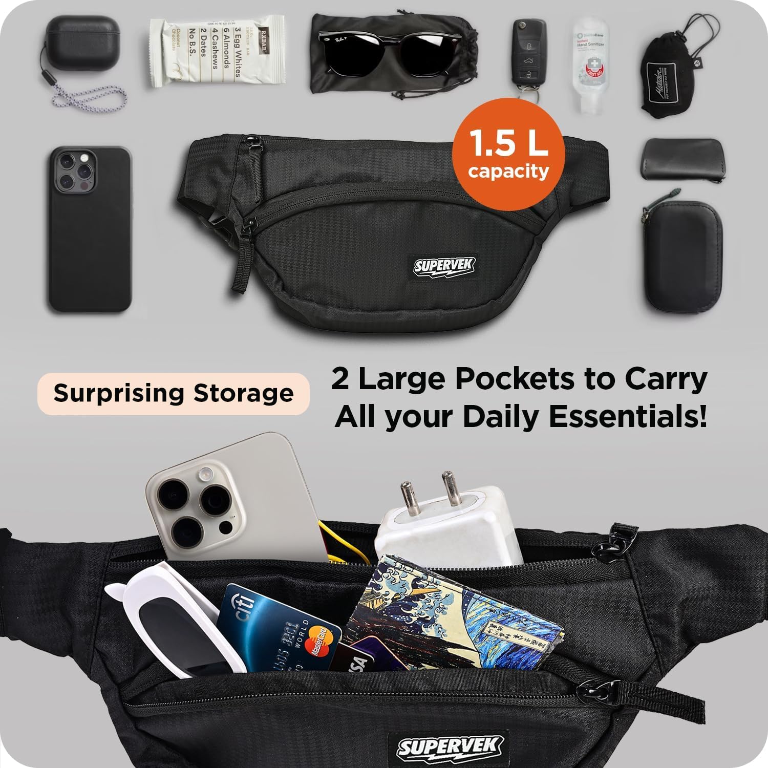 Supervek Black Crossbody Fanny Pack for Men Women - Stylish & Lightweight Water-Resistant Waist Bag - Fashion Hip Bum Belt Bag Packs for mens Outdoors Travel Walking Running Hiking Cycling Workout - Image 6