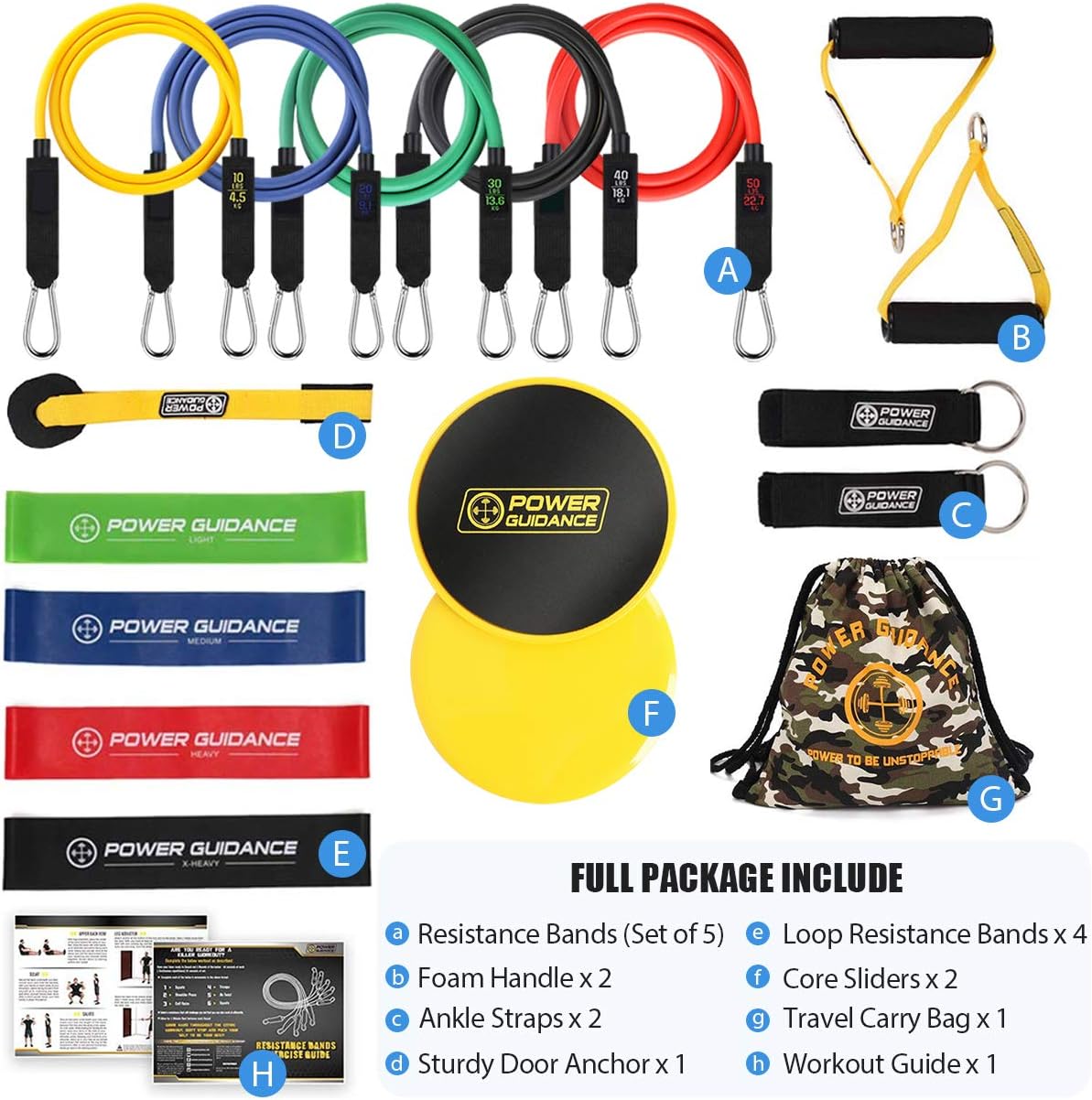 POWER GUIDANCE 18 Pcs Resistance Bands Set, Stretch Training Set with 5 Exercise Bands, Resistance Loop Bands, Foam Handles, 2 Core Sliders, Door Anchor, Ankle Straps and Carry Bag