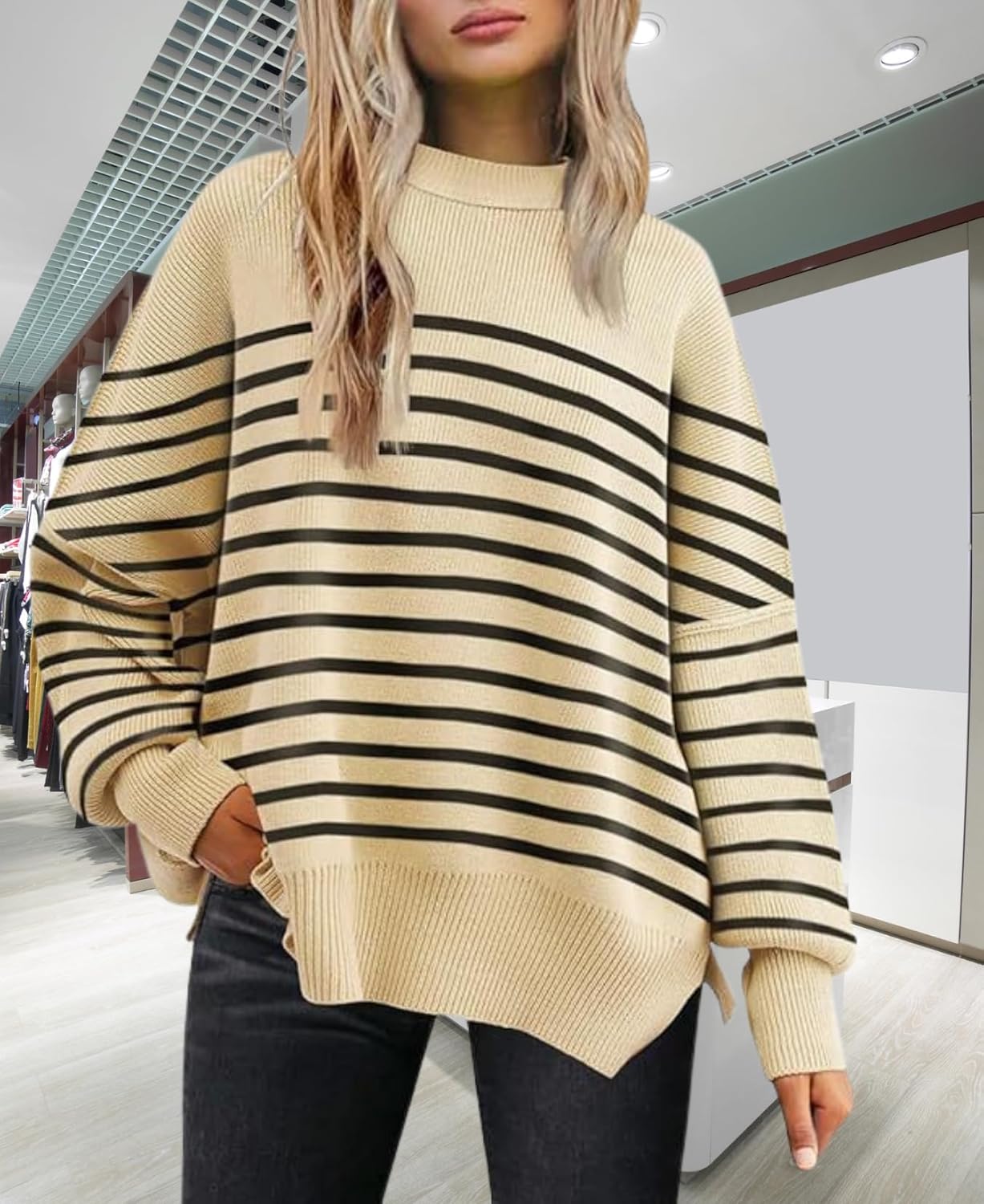 Women's Batwing Sweater Oversized Knit Pullover with Side Slits Fall Casual Crewneck Top for Fashion Outfits - Image 6