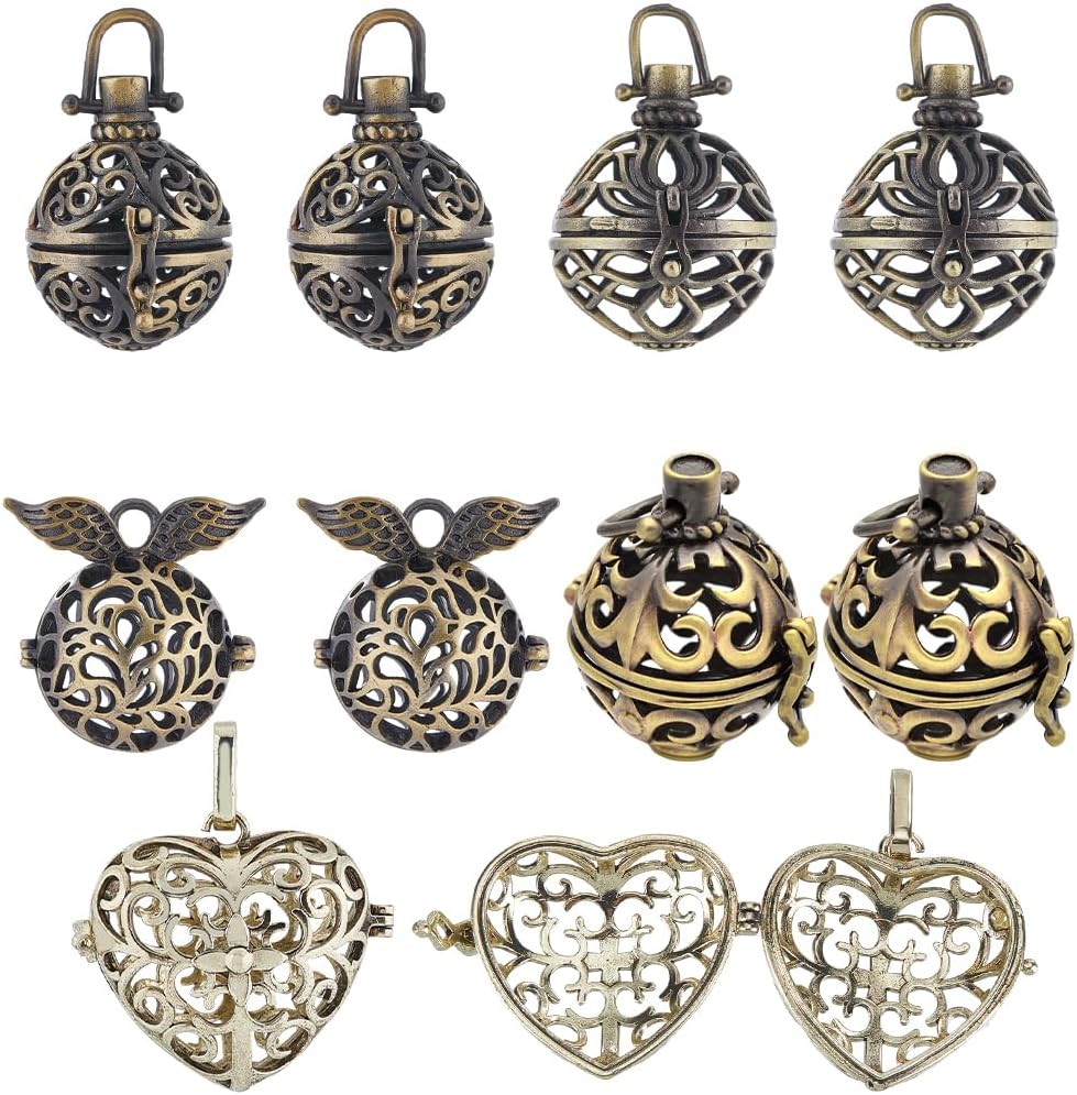 SUNNYCLUE 10Pcs Cage Charms Chakra Healing Stone Necklace Holder Bead Cage Pendant Filigree Cage Locket Charms Brass Cage Charm Vintage Openable Heart Chime Ball Charms for Jewelry Making Charms