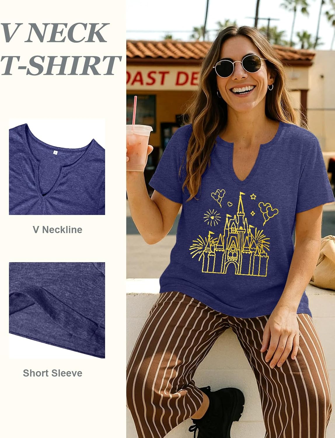 Flafens V Neck T-Shirts for Women - Graphic Short Sleeve Tees Tops Fashion Trendy Soft Casual Summer Outfits Clothes - Image 5