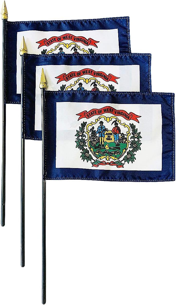 Set of 3 4x6" E-Gloss West Virginia Stick Flag with Plastic Table Base - Made in the USA
