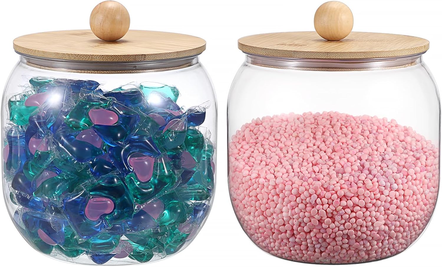 Sumnacon 2PCS Laundry Pods Containers with Wooden Lid, Plastic Laundry Room Organization Candy Jars Farmhouse Wide Mouth Laundry Storage Container Clear Pods Dispenser for Dryer Balls, Beads, Powder