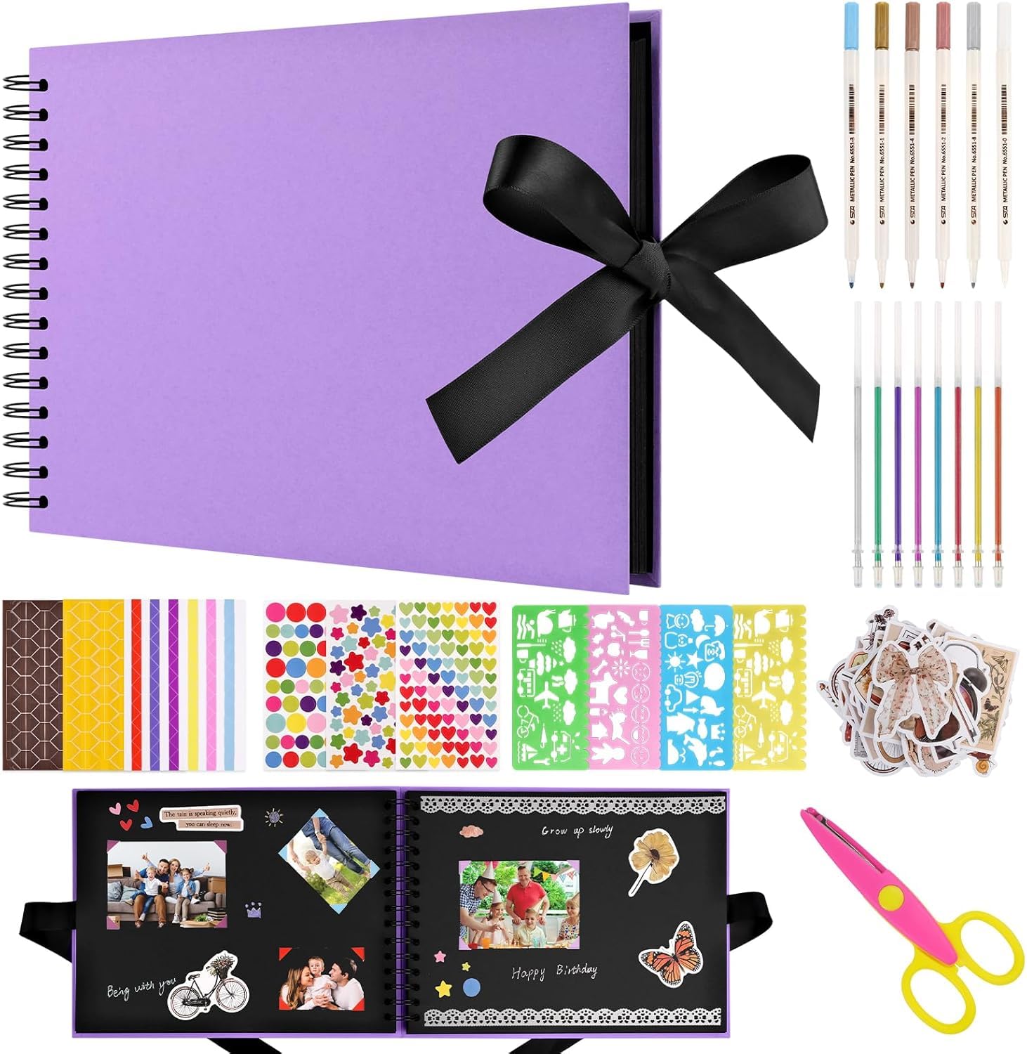 Scrapbook Photo Album 80 Black Pages - DIY Memory Album 12 x 8.3 inches - Kraft Paper Scrapbook Come With Scrapbook Accessories - For Family, Wedding Memory Book (Purple)