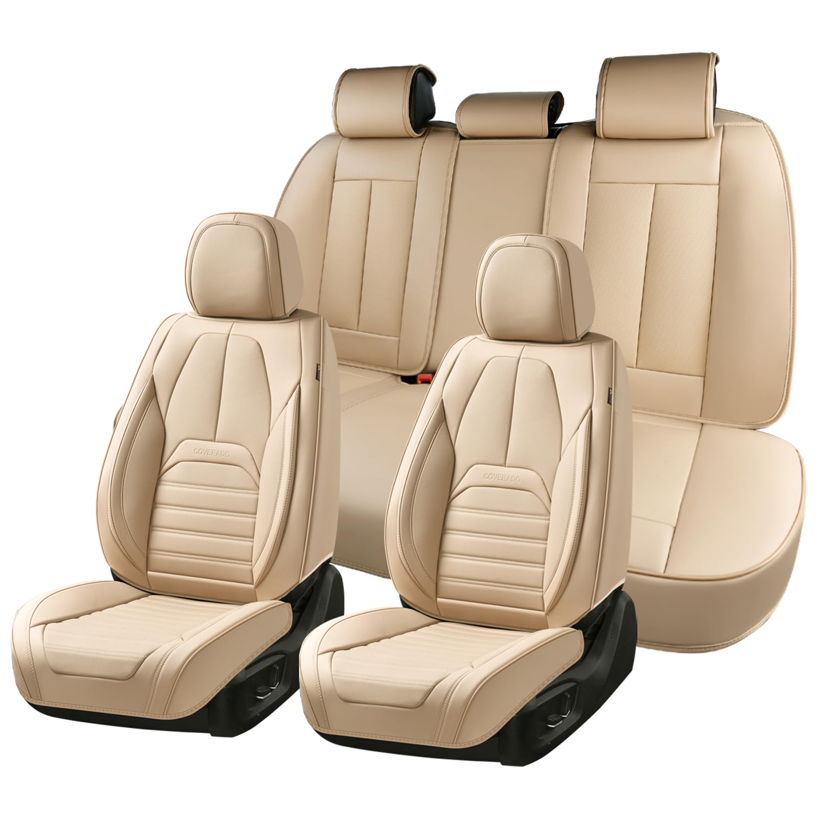 Car Seat Covers Full Set, Beige Seat Covers for Cars, Automotive Seat Covers, Waterproof Nappa Leather Front Seats and Back Car Seat Protector, Universal Fit for Most Cars SUV Trucks