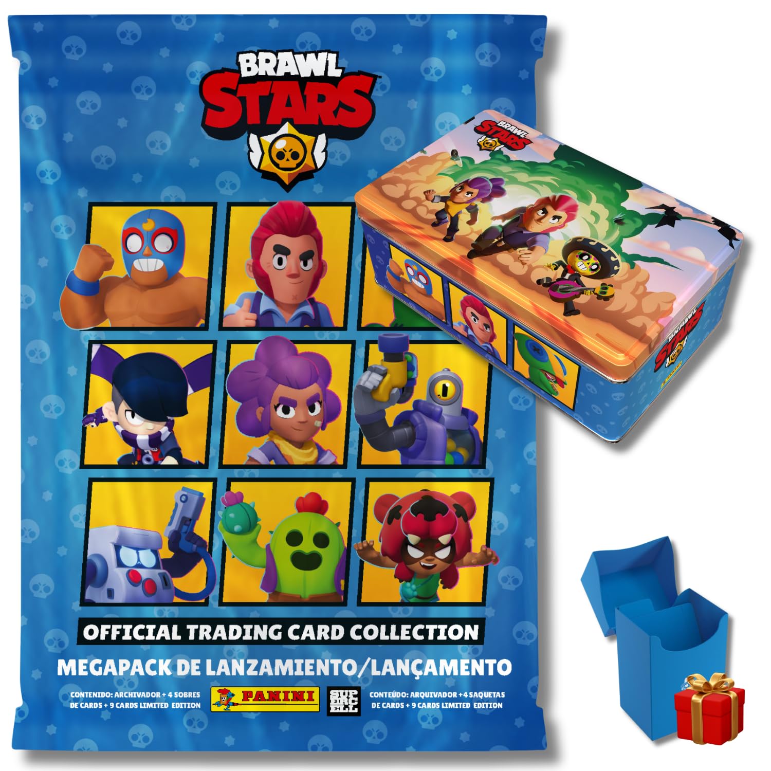 Panini Brawl Stars Pack Coleccionable, Collector's Tin + Megapack Inicio, 60+ Cartas, 9 Edición Limitada, Álbum y Deck Box