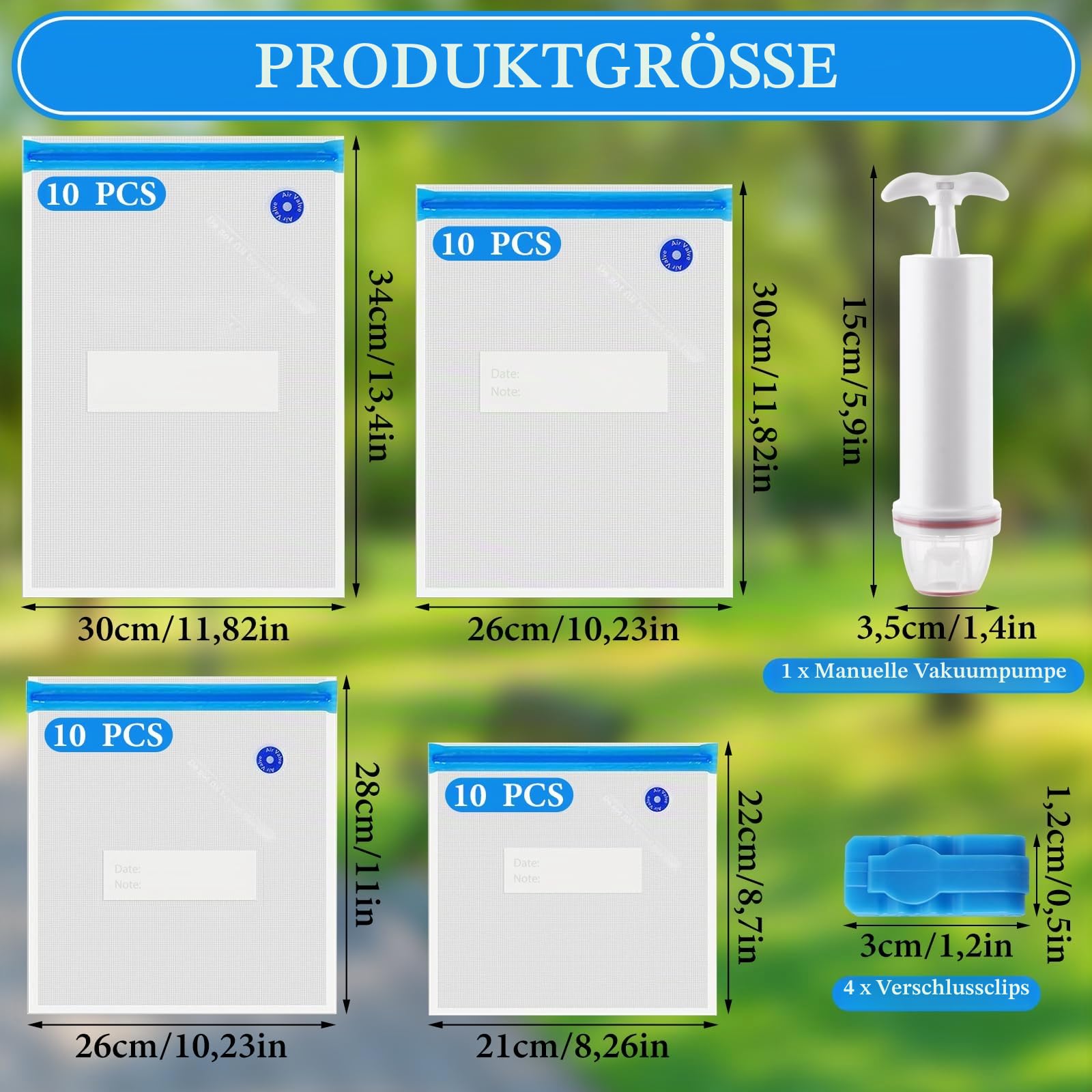AKOLAFE 40 Stück Vakuumbeutel Lebensmittel Wiederverwendbar mit Ventil Reißverschluss 22x21cm, 26x28cm, 26x30cm, 30x34cm Bpa Frei Sous Videv Beutel vakuumbehälter Vacuum Bags für Obst, Gemüse, Reise