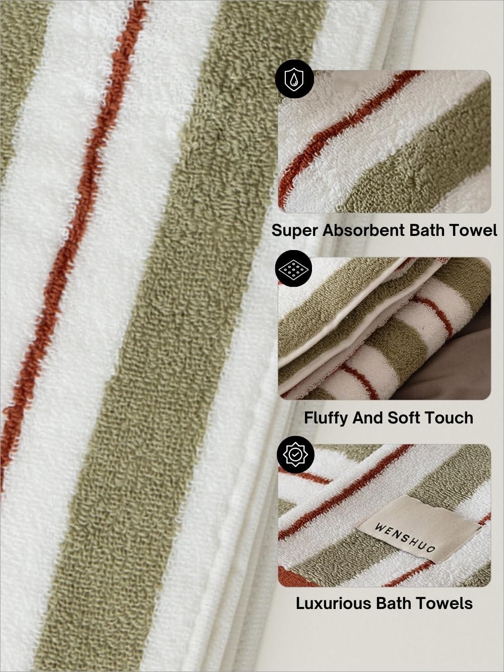 WENSHUO Melted Lollipop-Striped Pure Cotton Bath Towel,100% Combed Cotton,Luxury Shower Towel,Super Absorbent(Pack of 1) (55.12" L × 27.56" W) - Image 3