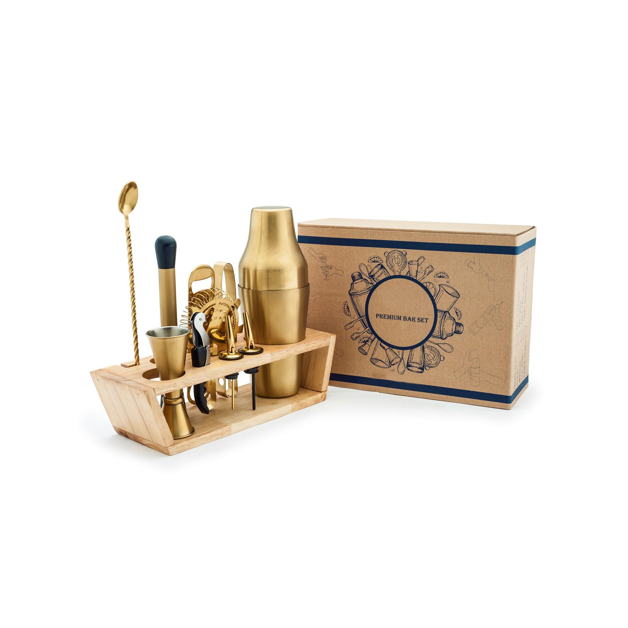 KMW Premium 11-Piece Gold PVD Stainless Steel Bar Set | Complete Cocktail Mixing Kit with Wooden Stand & Gift Box | Includes Shaker, Muddler, Spoon, Opener, Strainer, Jigger, and More-image-16