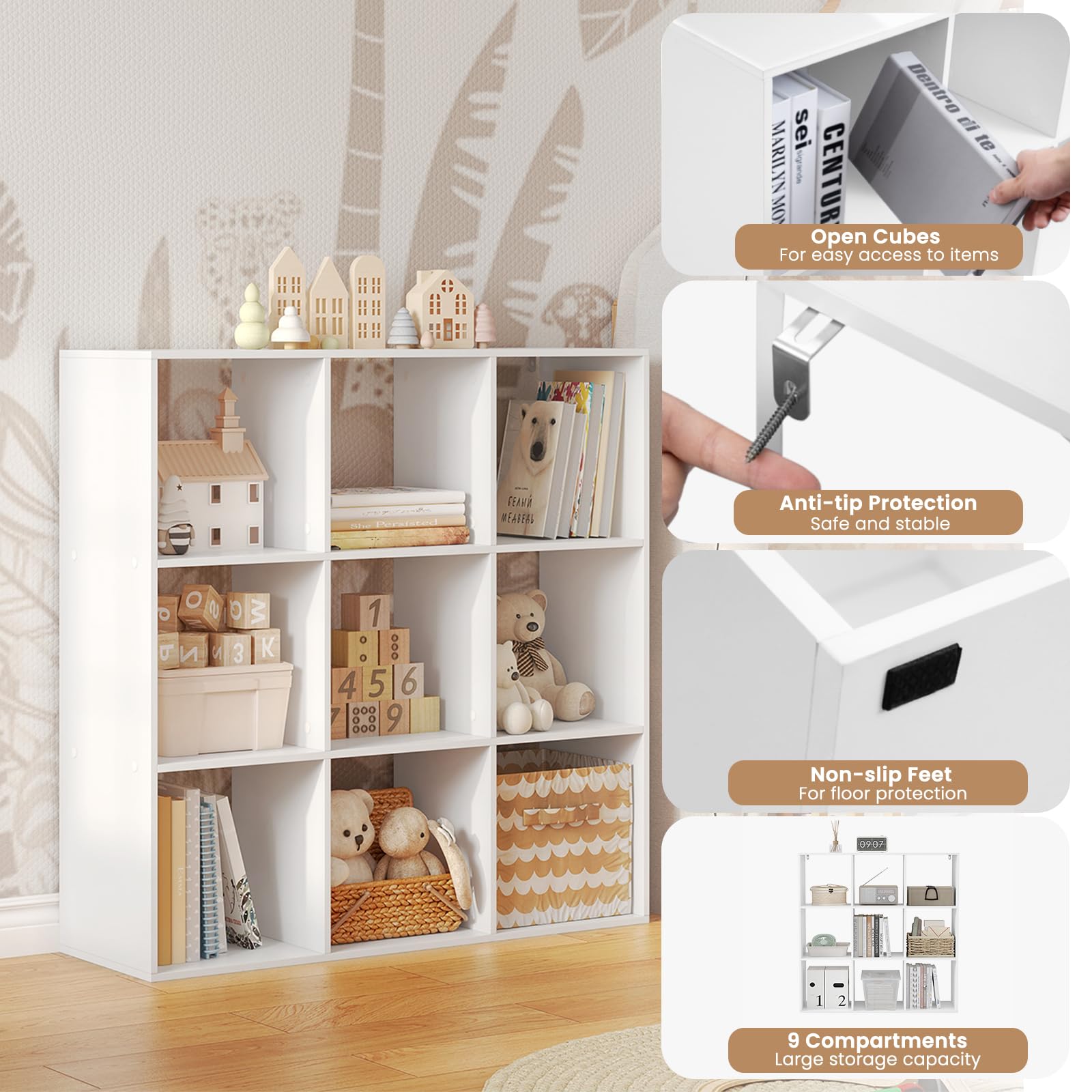 WOLTU Libreria a 9 Cubi, Scaffale di Stoccaggio a 9 Cubi, Divisorio per Libreria, Mobile di Stoccaggio per Soggiorno e Ufficio, Bianco, 94x29,5x93 cm, SK047ws
