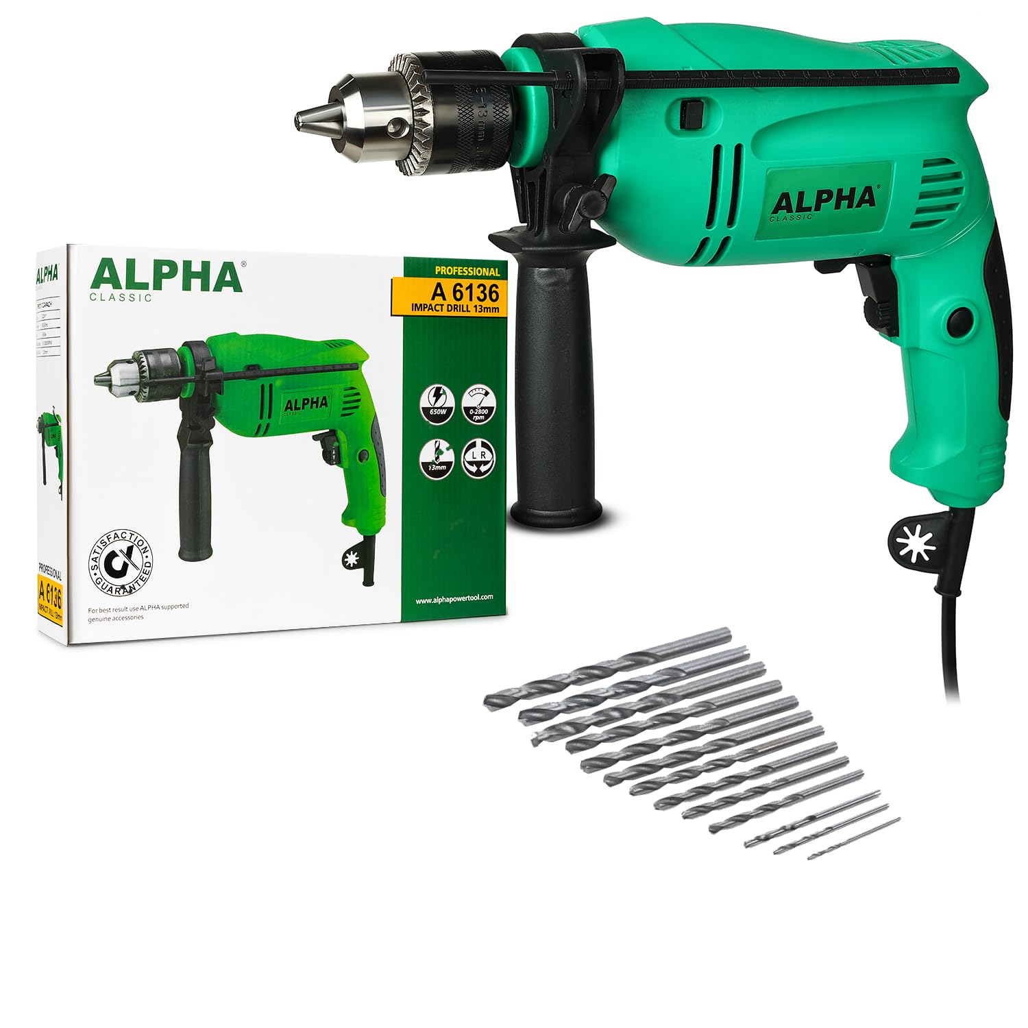Alpha Corded Electric Impact Drill Machine, 650 W, 13mm Chuck, 2800 Rpm, Variable Speed, Left/Right Rotation, With Lock-On With HSS Drill Bits, For Home & DIY Use for Masonry, Steel & Wood | A-6136