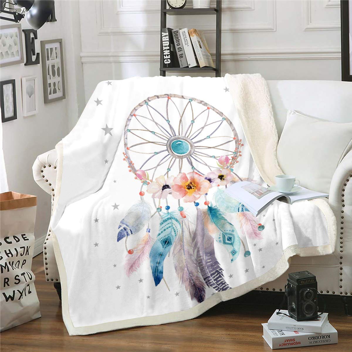 Dreamcatcher Plush Blanket Boho Dream Catcher Bohemian Style Fleece Blanket for Couch Bed Sofa Women Bedroom Decor Floral Flowers Hippie Feather Double 60"x79" โ image 1