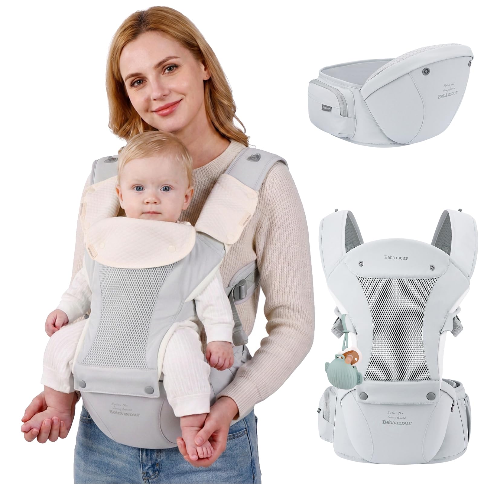 Bebear Babytrage,Bebamour Babytrage für 0-36 Monate, 3D Air Mesh Babytrage Rucksack für Neugeborene bis Kleinkinder, nach Sicherheitsstandard zugelassen, ergonomischer Baby-Hüftsitz 6 in 1 Fronttrage
