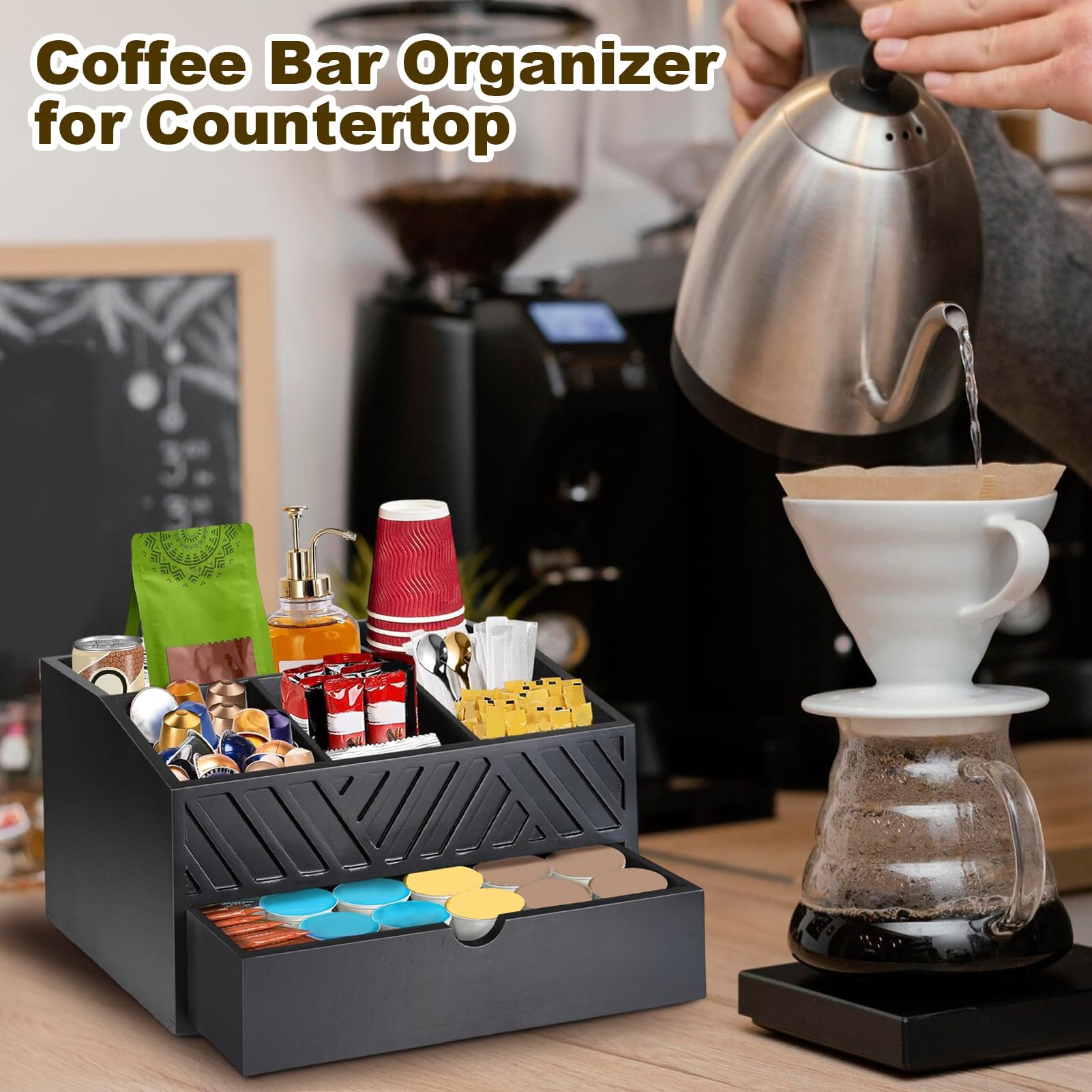 Stazione da Caffè da Piano Lavorazione Cassetto Per Stazione Del Tè In | Organizzatore Capiente in Legno per Caffè Casa Ufficio