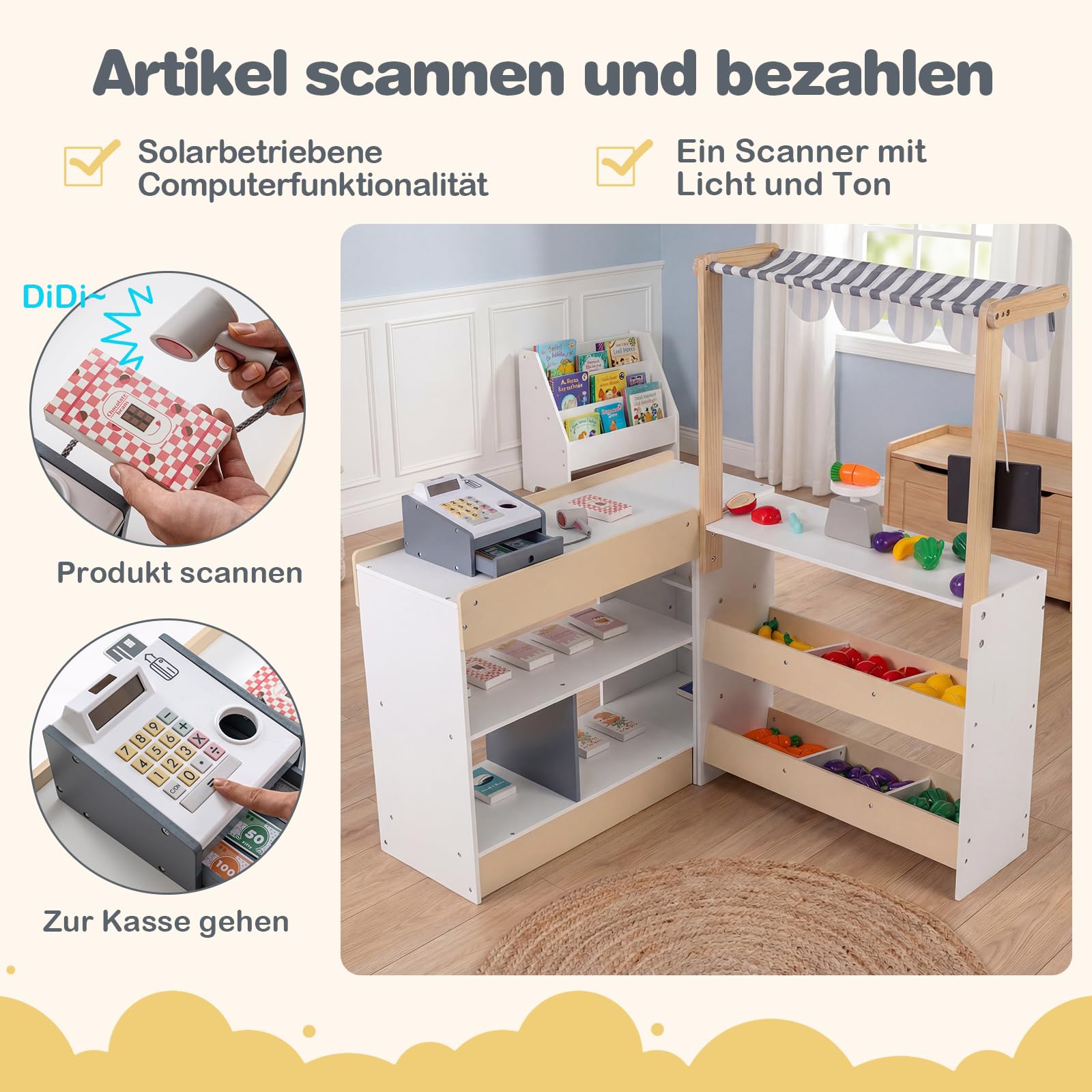 DREAMADE Kaufladen Kinder, Kaufmannsladen Holz mit Einkaufswagen | Einkaufsladen Klein mit Licht & Sound, Interaktives Supermarkt mit Kasse, Obst, Gemüse, Tafeln, Marktstand für Kinder ab 3 J
