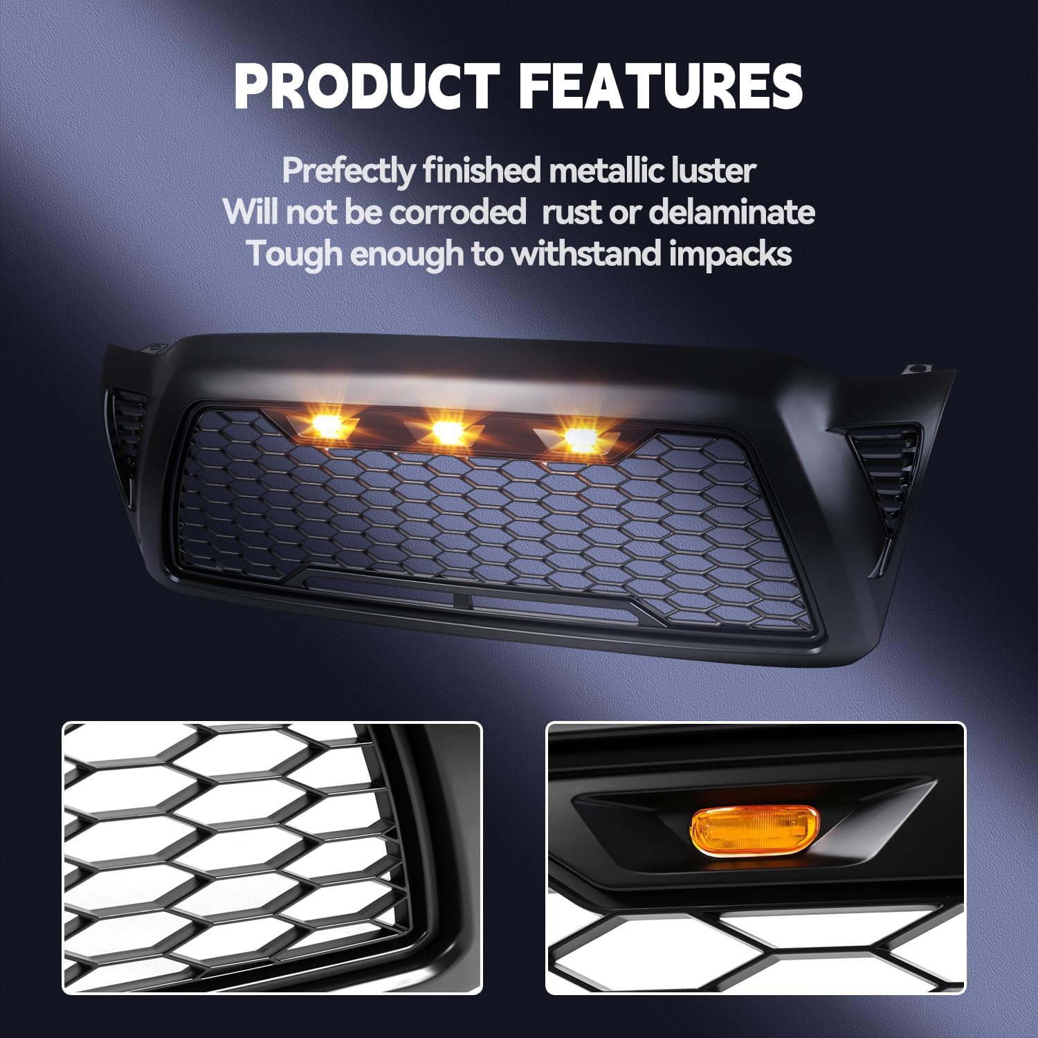 Front Upper Mesh Black Shell Grille Compatible with 2005-2011 Toyota Tacoma with LED Lights.
