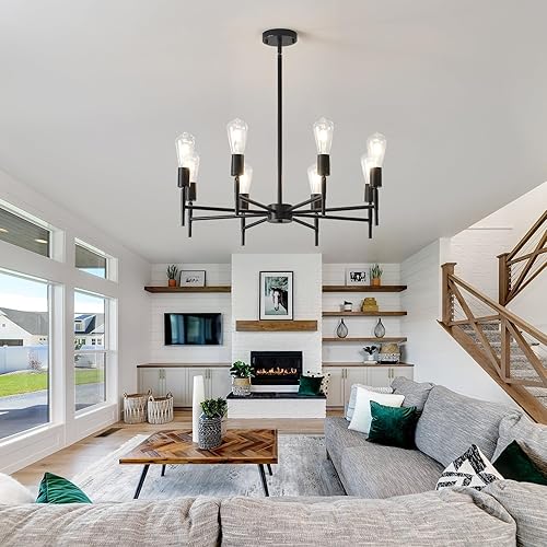 Miniatura 8 de NILSE Candelabro negro, lámpara de comedor de 8 luces, bombilla giratoria, enchufe industrial vintage, lámpara colgante de altura ajustable para