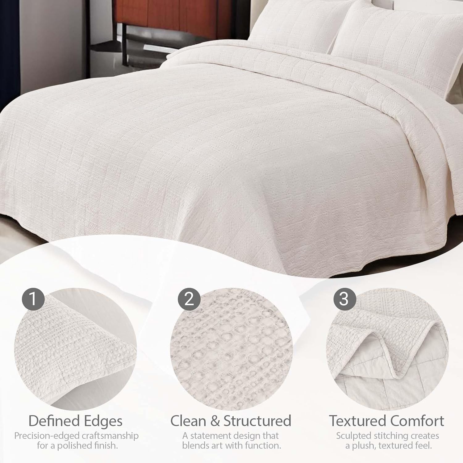 90x92 Queen Size Quilt Set with Pillow Shams Quilted Bedding Cover Ultra Soft Bedspread 3 Pieces Lightweight Soft Blanket for Home Decor,White