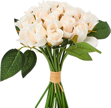 Artificial White Rose Bud Bouquet 9 Inches Tall Artificial Roses for Event Wedding Decoration, Floral Table Centerpiece, Faux Floral Branches Indoor Outdoor Home Decor