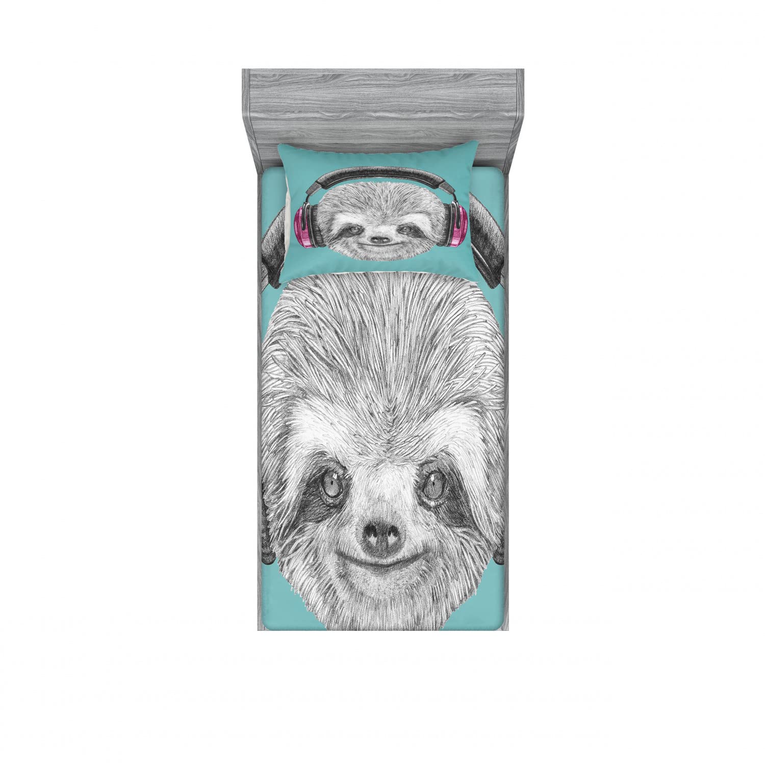 Ambesonne Sloth 2 Pack Fitted Sheet & Pillow Sham Set, DJ Sloth Headphones, 4 Pcs Bedding Decor, Package Contains 2 Twin Size Fitted Sheets & 2 Pillow Covers, Teal Grey