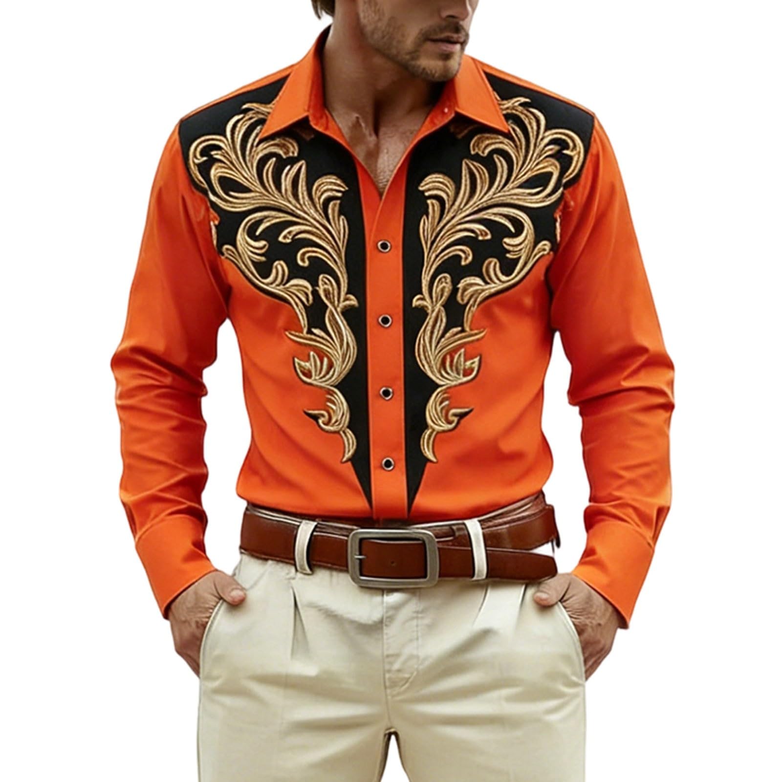 Long Sleeve Shirt with Print for Festive Western and Cowboy Outfits - Medieval Shirt with Buttons for Casual and Parties, orange, M — image 1
