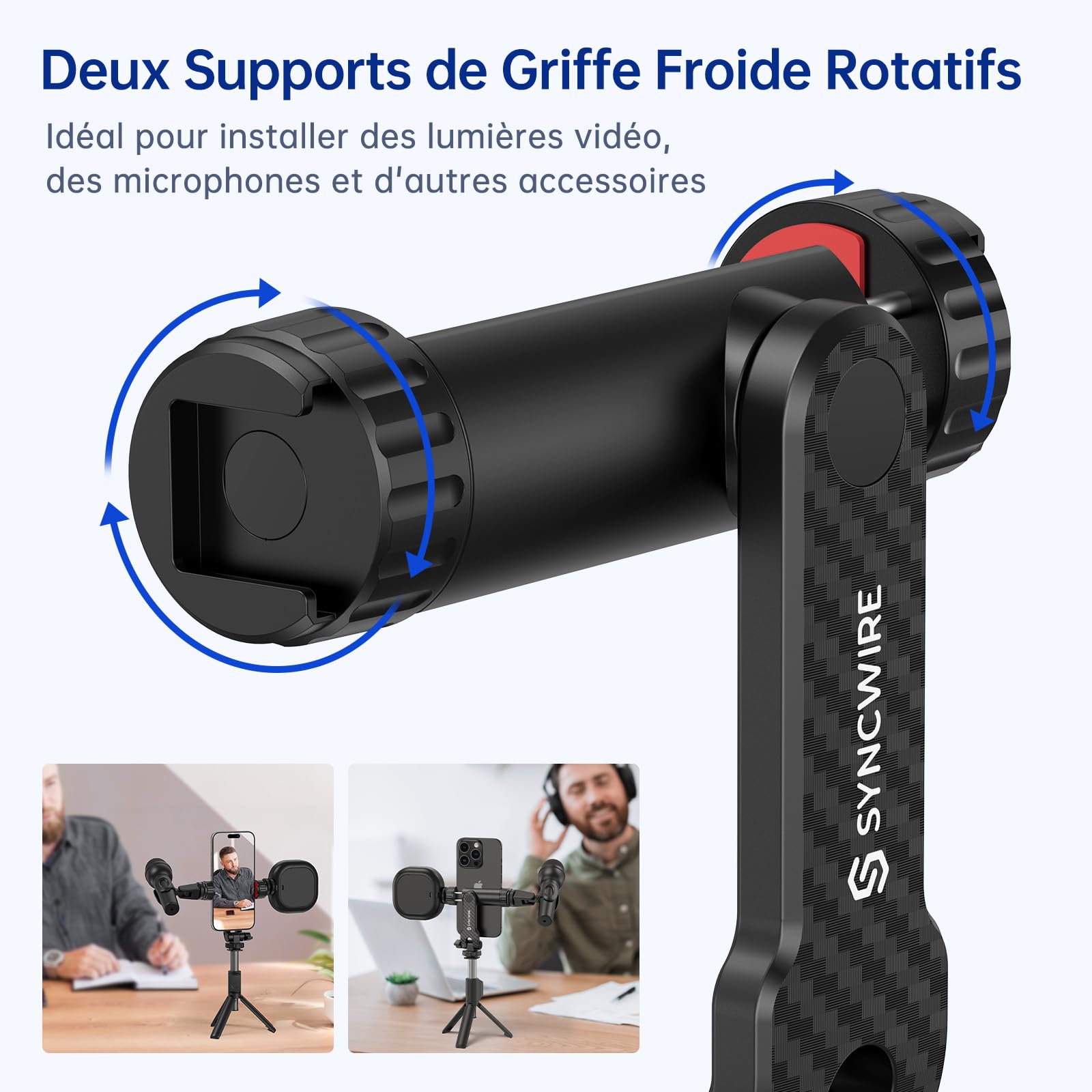 SYNCWIRE Adaptateur Trépied Smartphone avec 2 Sabots Froids, Vis 1/4", Rotatif 360°