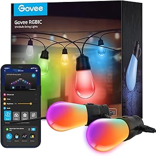 Govee Outdoor String Lights H7015 with 15 Dimmable RGBIC LED Bulbs, 48ft IP65 Waterproof Shatterproof Halloween Decorations, Color Changing Warm White Lights with 47 Scene Modes for Balcony, Backyard