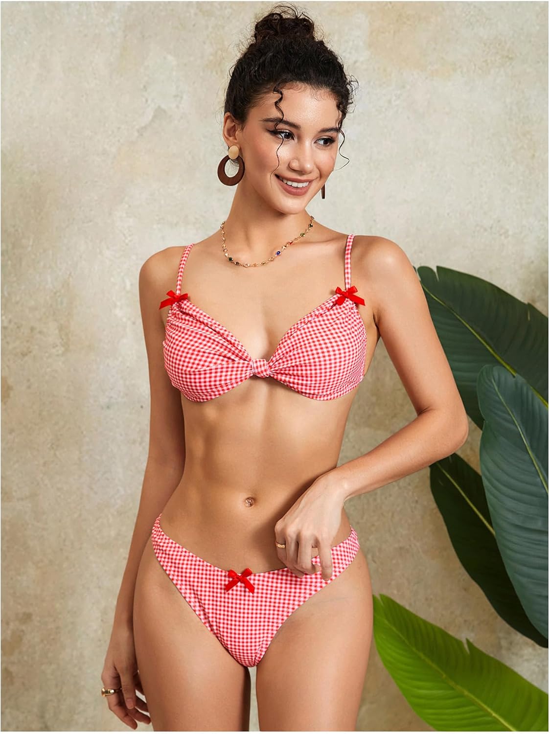Milumia Women's Y2k Gingham Print Bikini Swimsuit Bow Decor High Cut 2 Piece Bathing Suits - Image 3