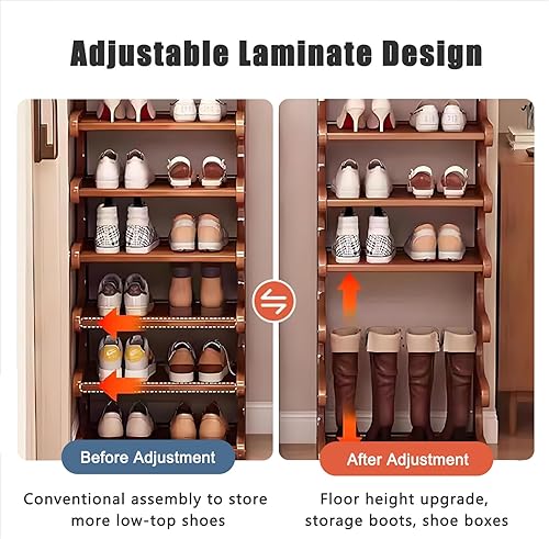 Miniatura 5 de Zapatero estrecho vertical, 7 niveles para espacios pequeños, estante organizador de zapatos vertical de bambú para pasillos, dormitorios, sala de
