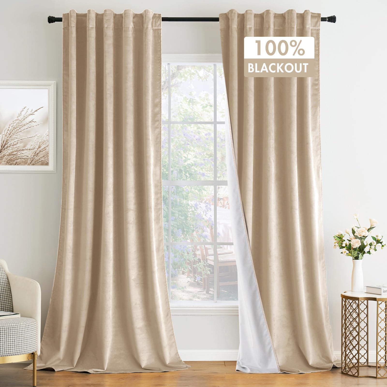 MIULEE 100% Blackout Velvet Curtains 90 Inches Long 2 Panels, Beige Black Out Window Drapes for Bedroom Living Room Back Tab Rod Pocket Full Room Darkening Thermal Insulated Noise Reducing Curtains