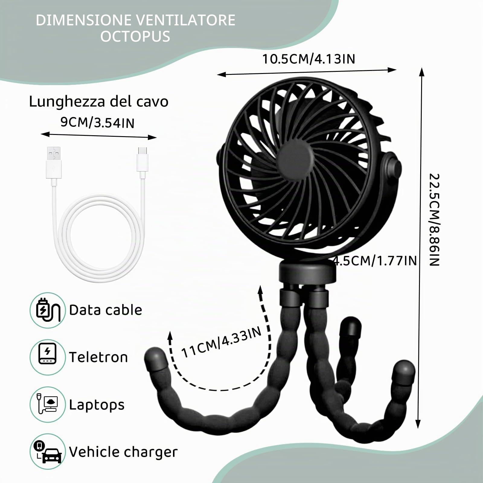 Ventilatore Portatile a Batteria Ricaricabile USB,Ventilatore Portatile Per Passeggino Rotazione a 360° a 3 Velocità con Treppiede Flessibile per Passeggino, Tapis Roulant, Culle (Nero)