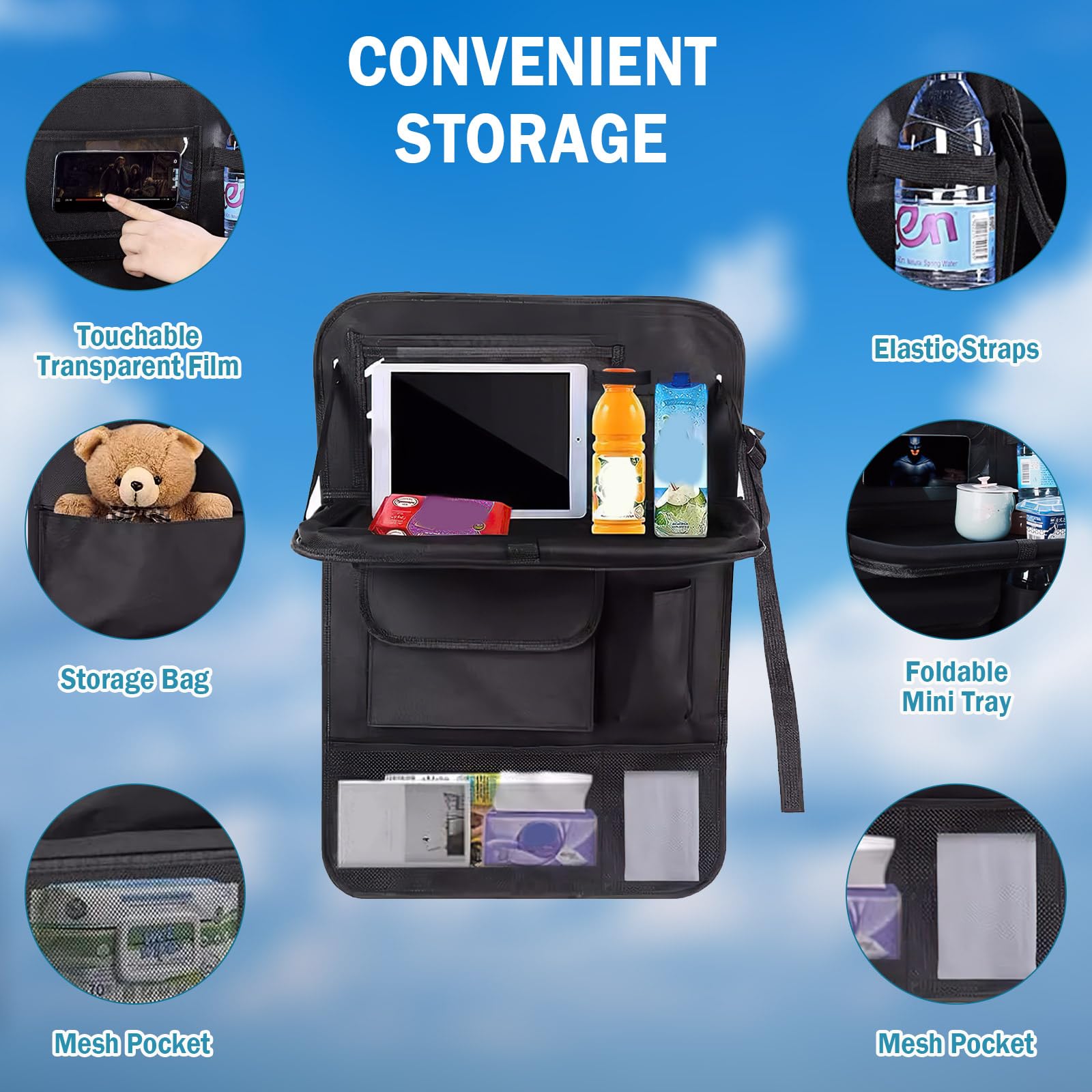 COVRA Confezione da 2 organizer per sedile posteriore con 6 tasche portaoggetti e vassoio pieghevole, ideale per bambini e bambini, accessori da viaggio