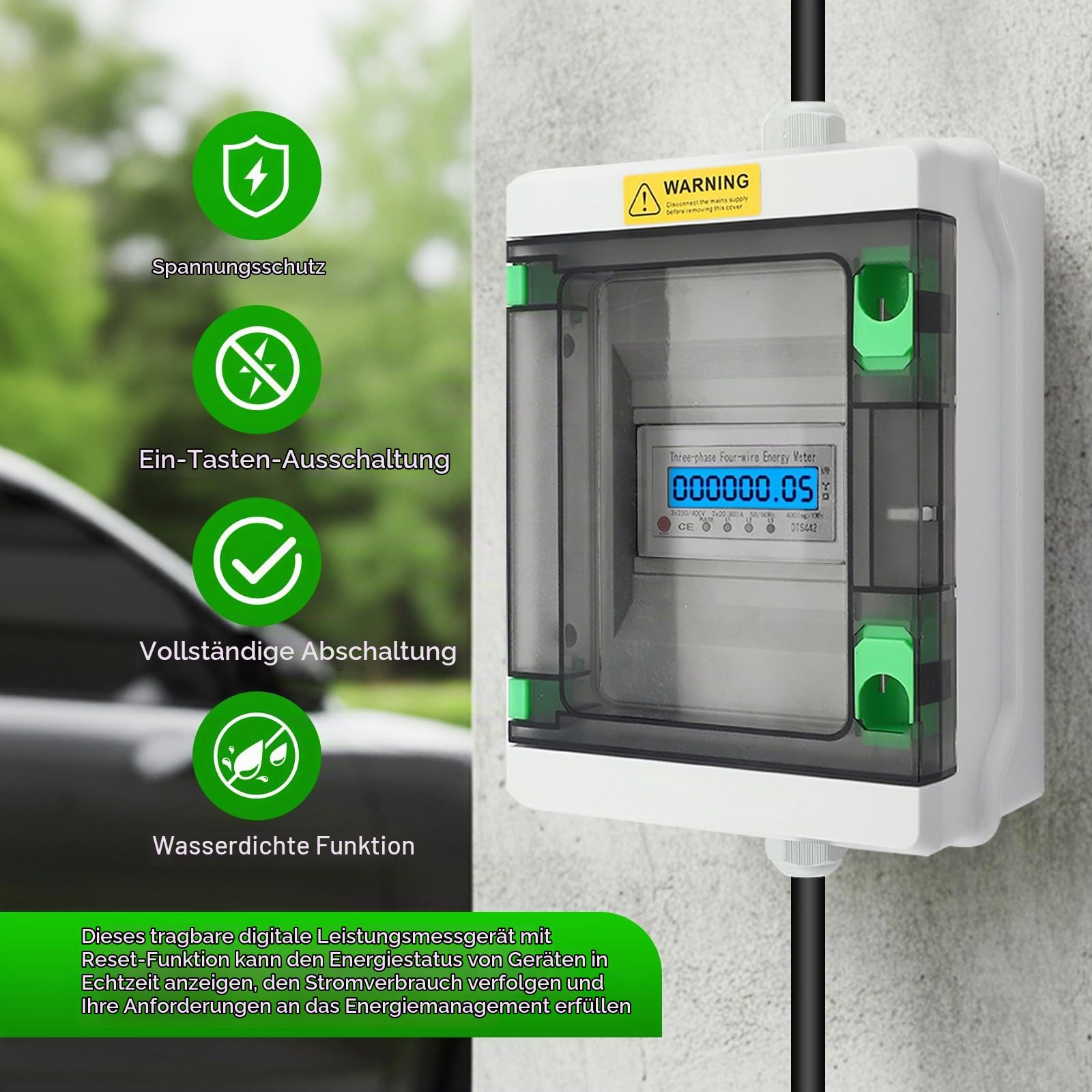Mobiler Stromzähler 3 Phasen, 32A 380V Mobiler Digitaler Digitalzähler mit CEE Stecker und Kupplung, Digitaler Zwischenzähler mit Reset, IP65 Wasserdichtem Gehäuse
