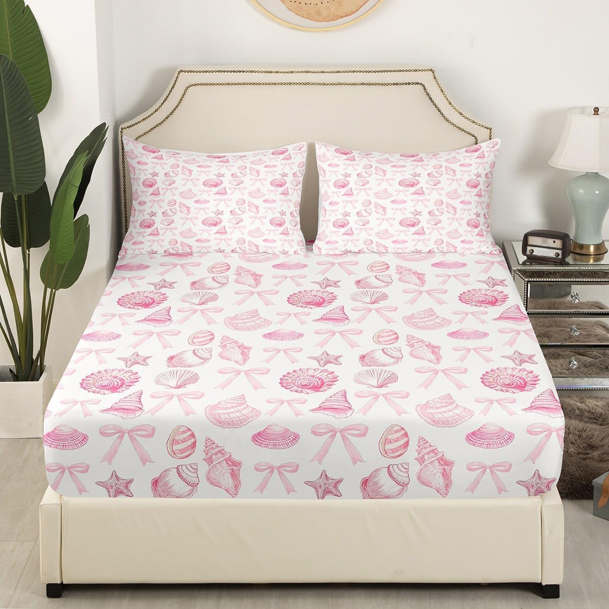 Coastal Hawaii Bed Sheet Set Summer Beach Shell Conch Graffiti Sheet Sets Deep Pocket(No Flat Sheet),Seaside Pink Bowknot Princess Bow Girly Mattress Cover,Twin with 1 Pillowcase