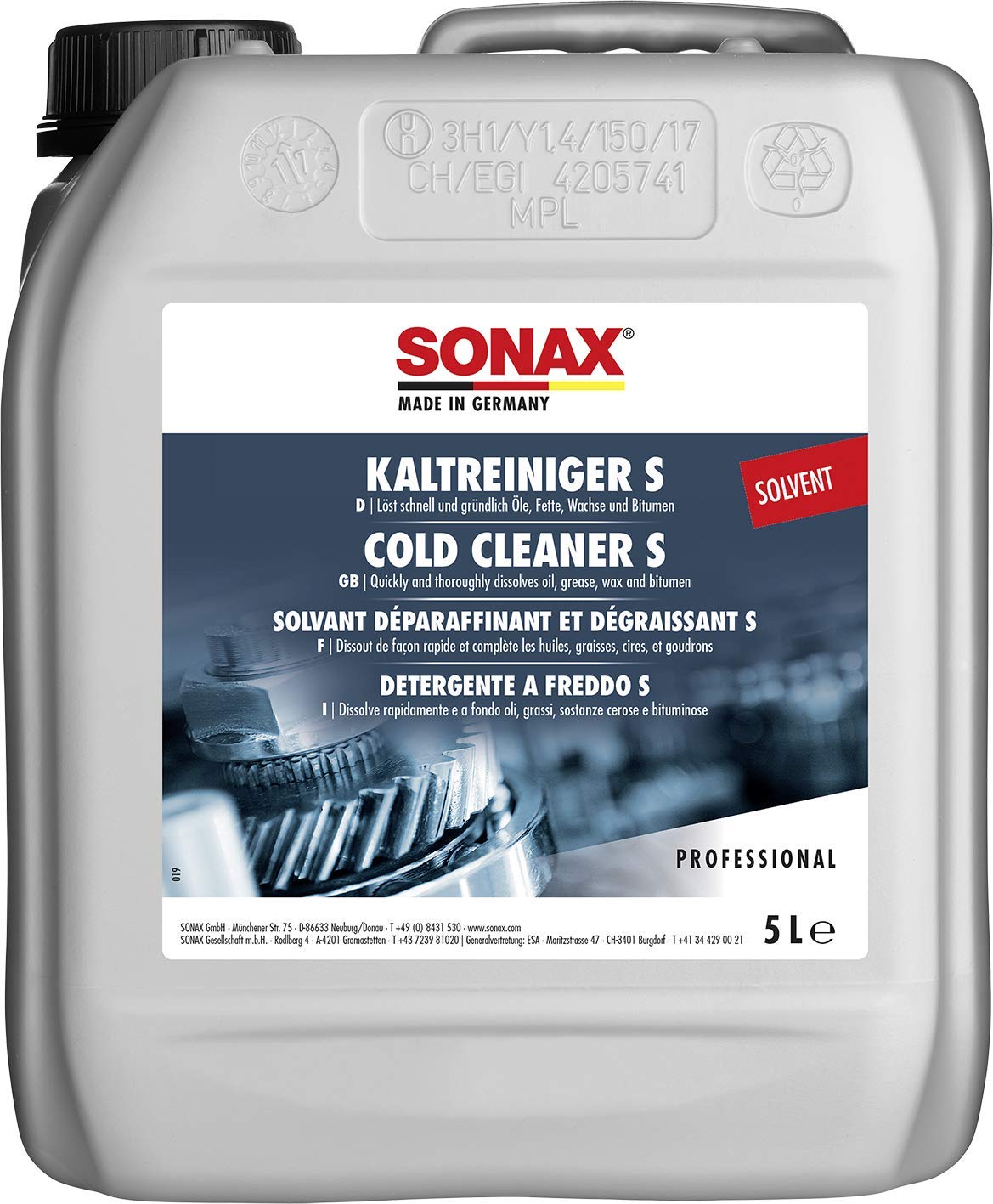 SONAX Detergente a freddo (5 L) per macchinari, componenti, motori e utensili. Rimuove olio, grasso e catrame, ideale per decerazione veicoli nuovi e impianti di lavaggio | Art. N. 05425000