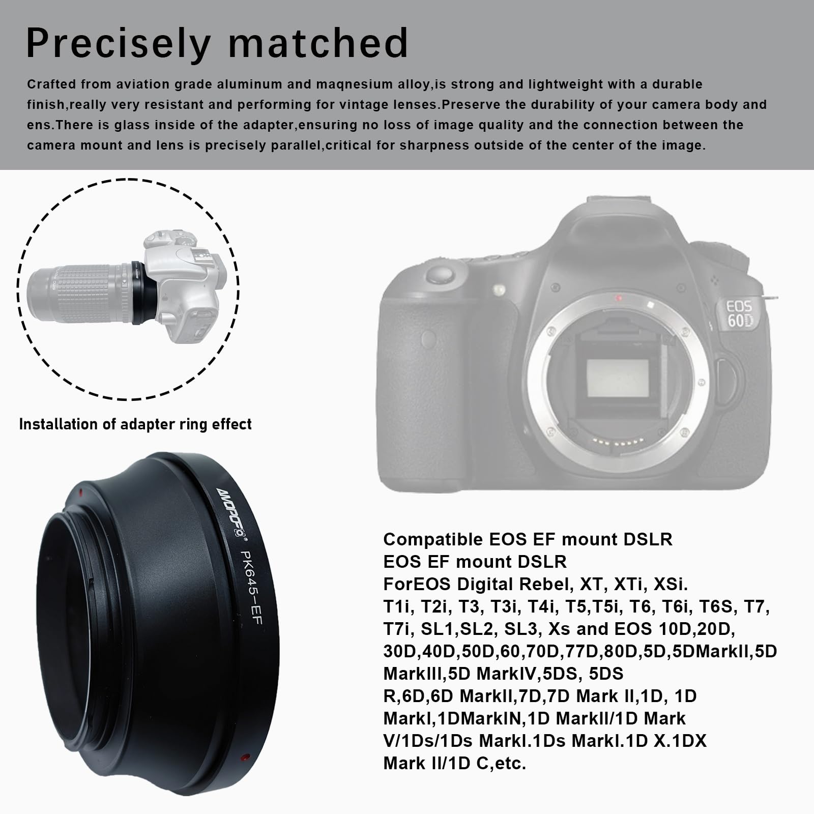 PK645-EOS Bague d'adaptation pour Objectif Pentax 645 (P645) SLR Compatible avec Les appareils Photo Canon EOS EF-S 1D, 1ds,5D,10D,20D,30D,40D,50D,60D,Rebel XT,XS,T2i, T3,400D,P645 to EOS